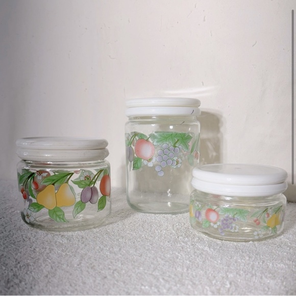 Vintage 80s KIG Indonesia Glass Fruit Flower Canister Set (3) - Picture 2 of 13